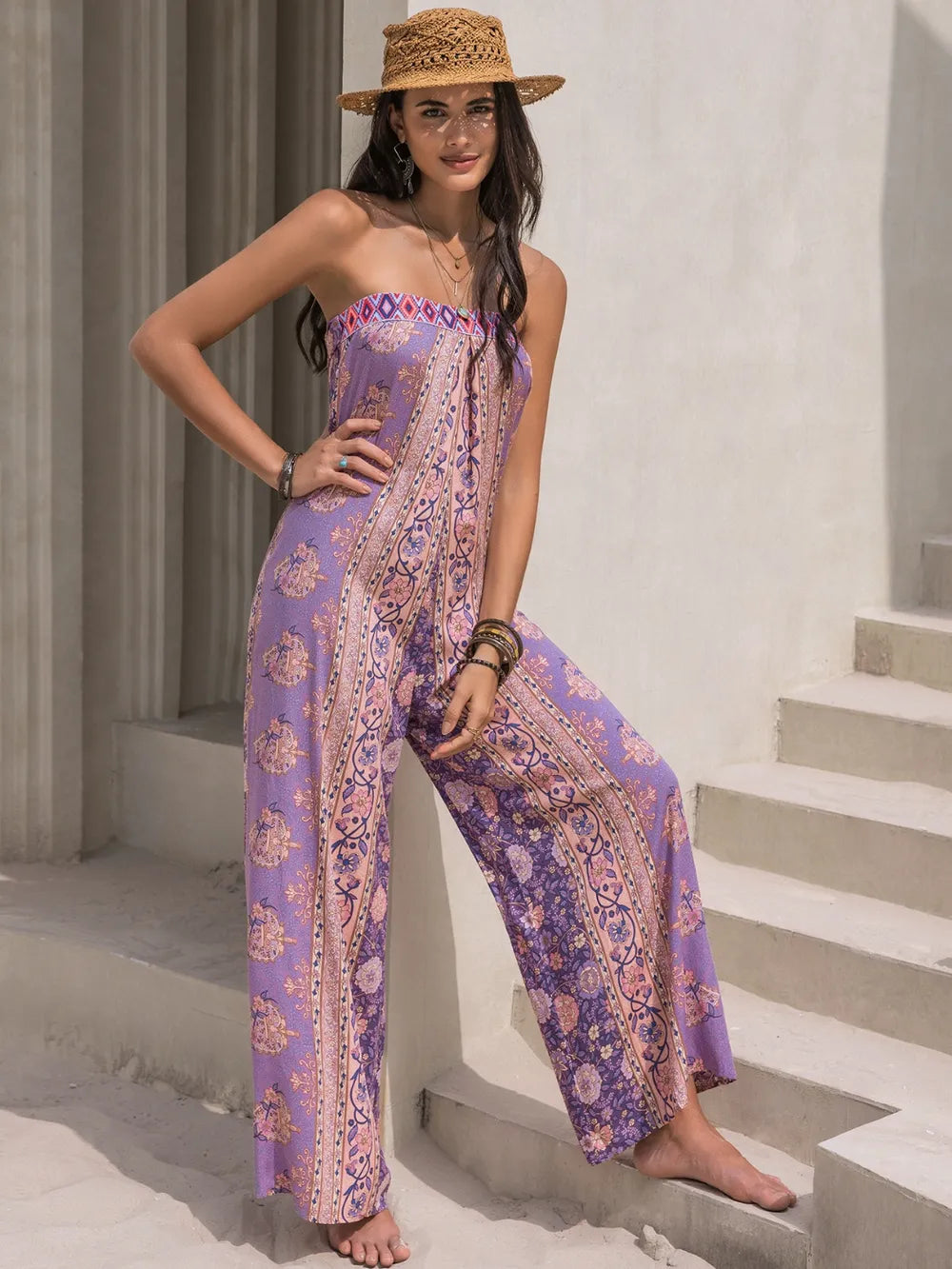 Tied Printed Tube Wide Leg Jumpsuit-Nordavory