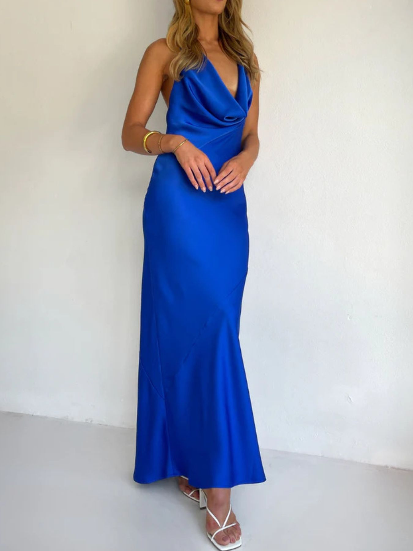 Halter Neck Satin Maxi Dress-Nordavory