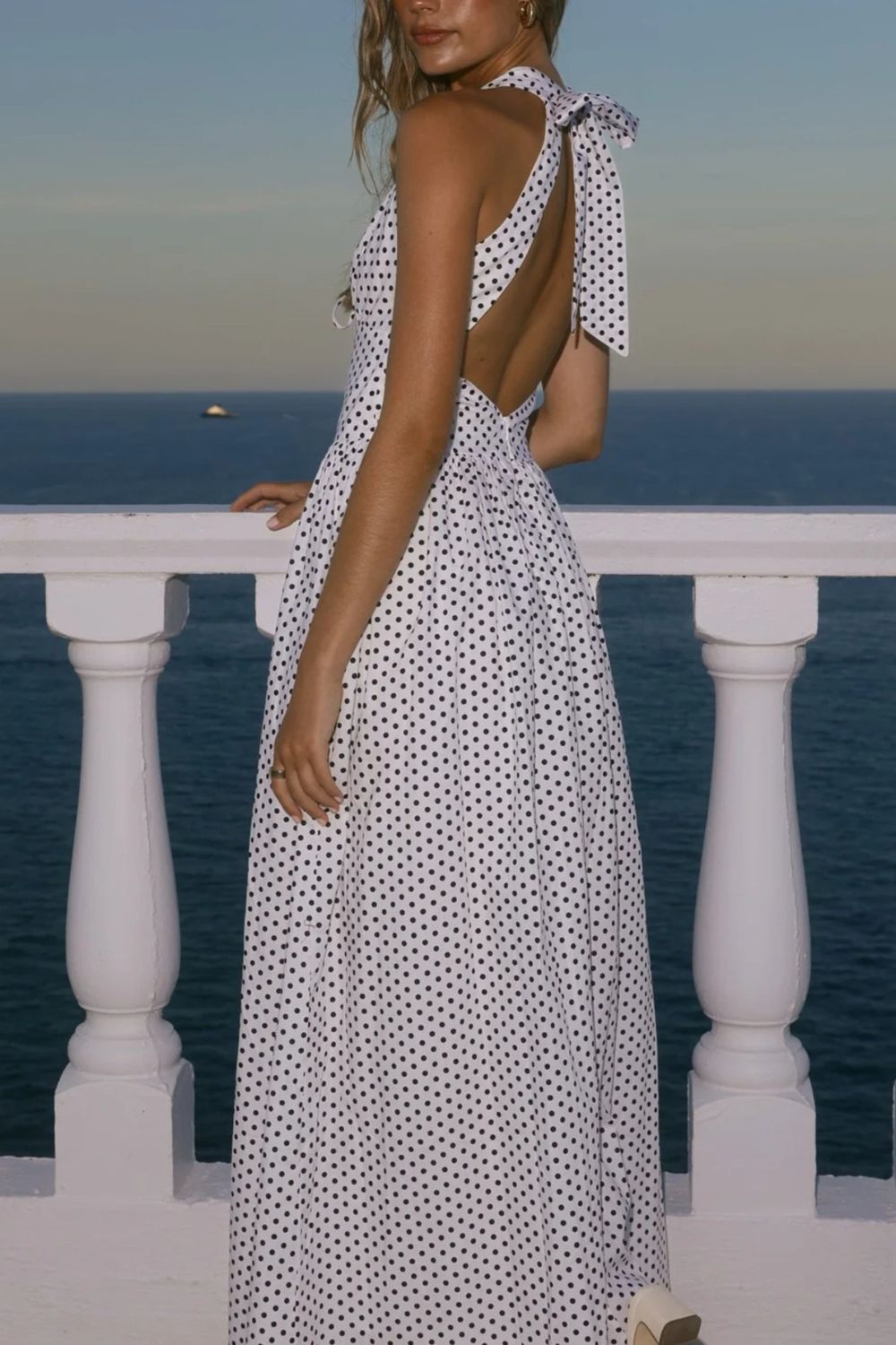 Backless Polka Dot Halter Neck Maxi Dress-Nordavory