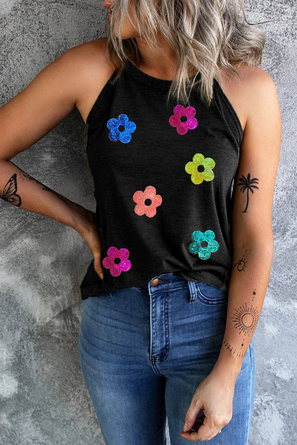 Sequin Flower Round Neck Tank-Nordavory