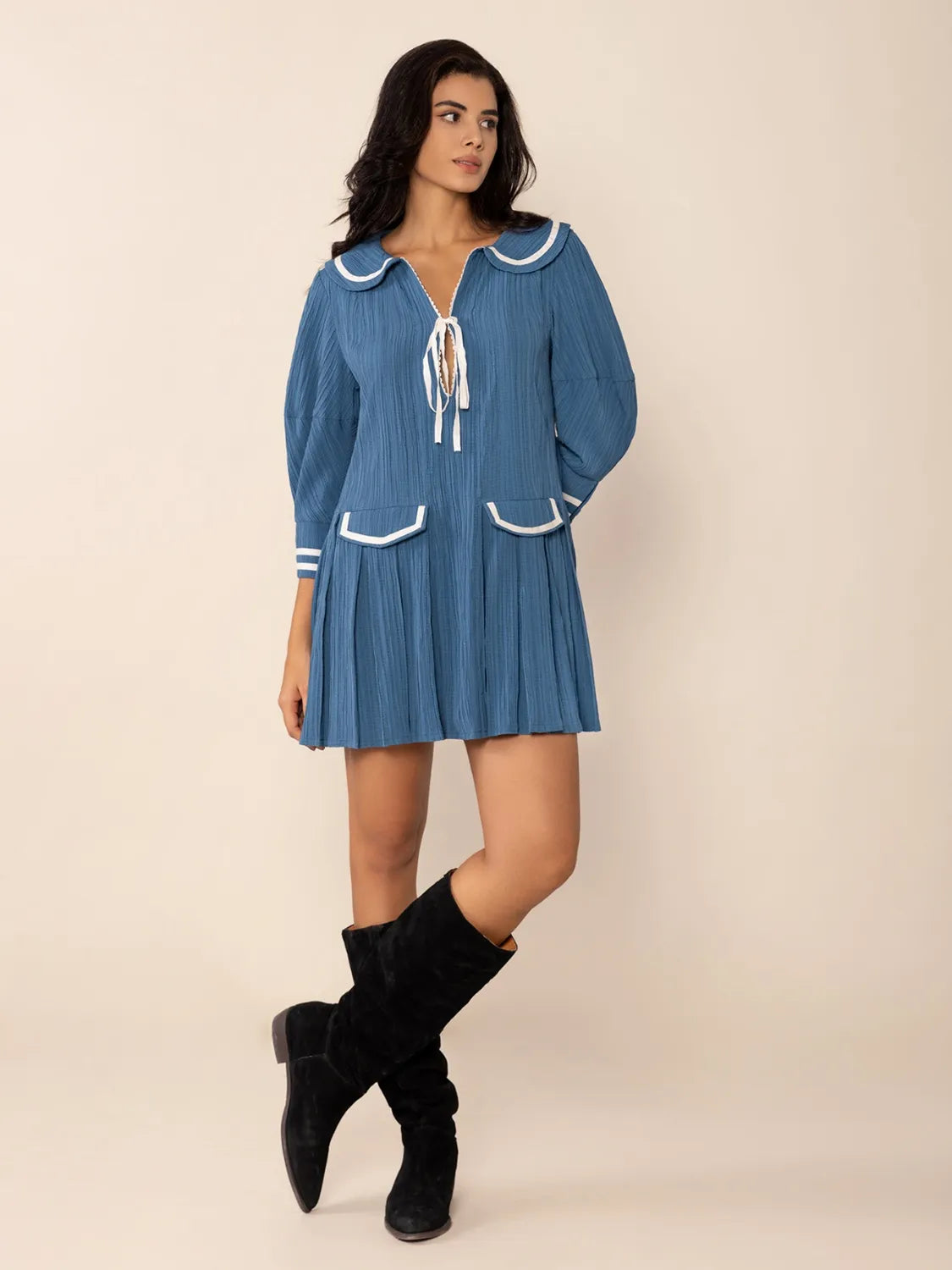 Tie Front Pleated Three-Quarter Sleeve Mini Dress-Nordavory