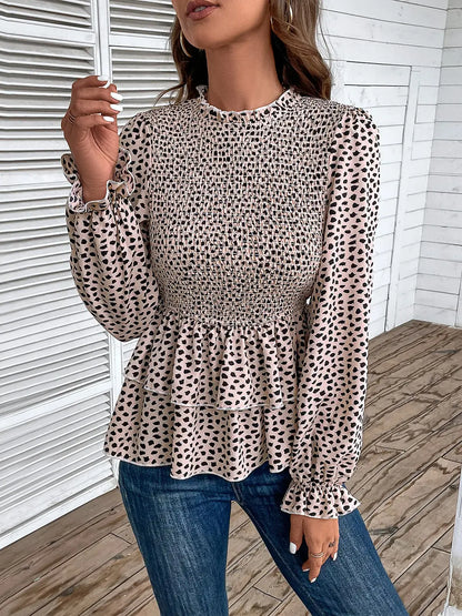 Perfee Printed Round Neck Smocked Flounce Sleeve T-Shirt-Nordavory