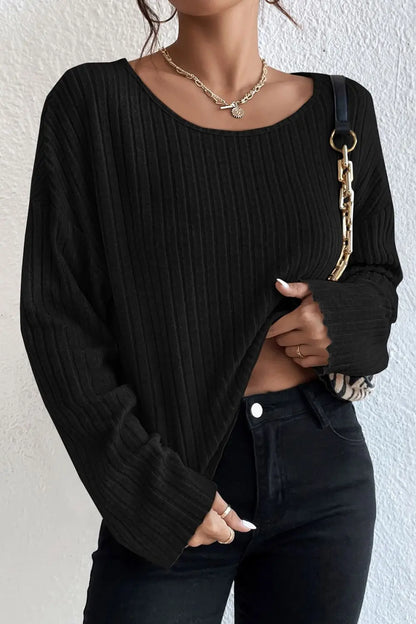 Ribbed Round Neck Drop Shoulder Long Sleeve Top-Nordavory