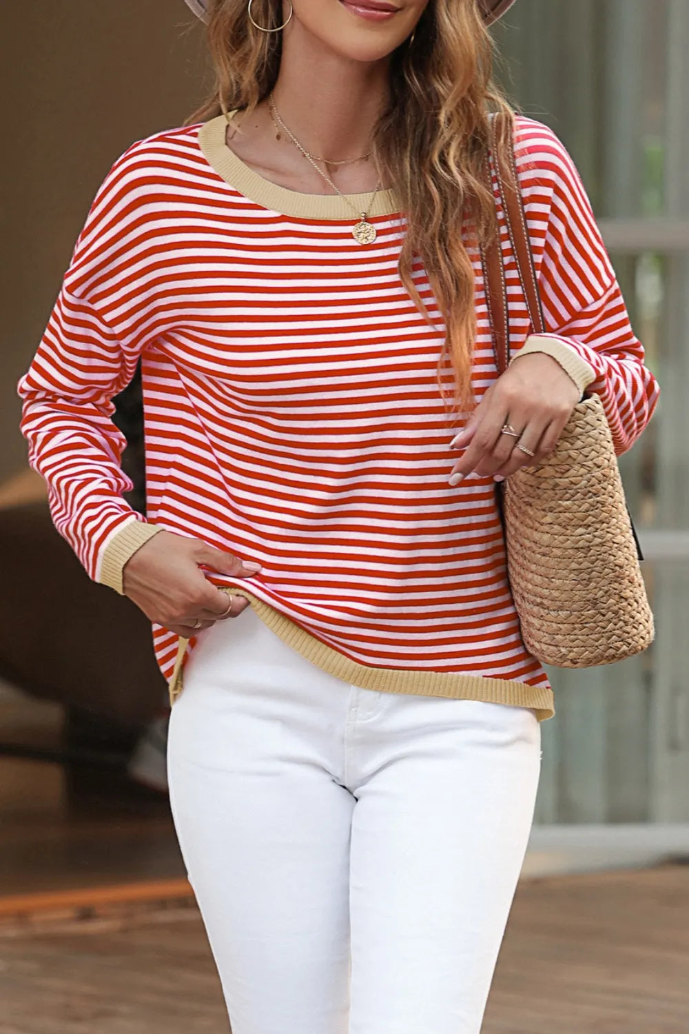 Striped Round Neck Drop Shoulder T-Shirt-Nordavory