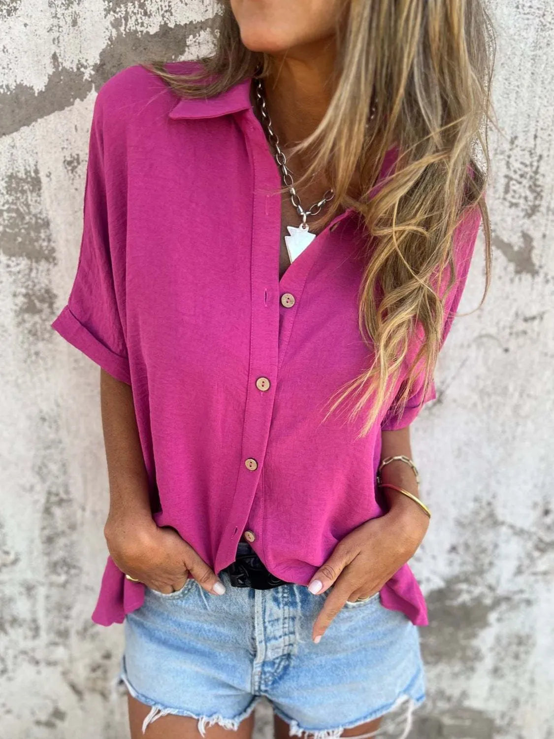 Full Size Collared Neck Half Sleeve Shirt Plus Size-Nordavory