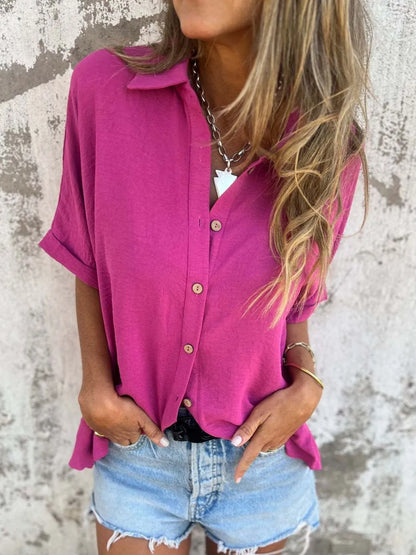 Full Size Collared Neck Half Sleeve Shirt Plus Size-Nordavory