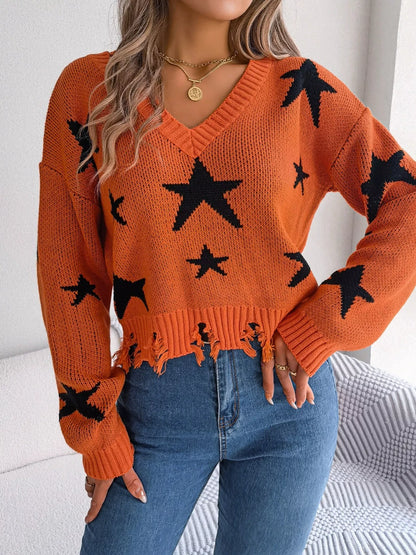 Star Pattern V-Neck Distressed Sweater-Nordavory
