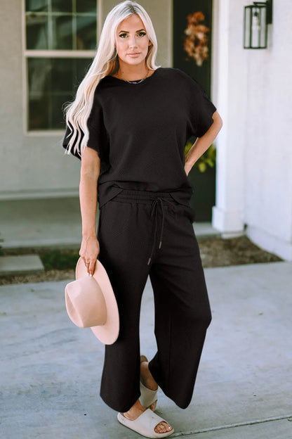 Double Take Full Size Texture Short Sleeve Top and Pants Set-Nordavory