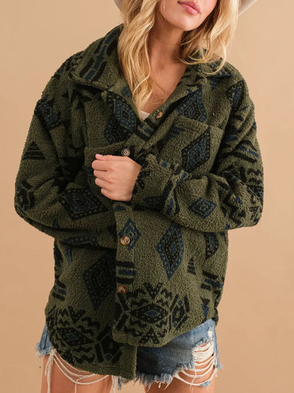 Geometric Button Up Long Sleeve Sherpa Jacket-Nordavory