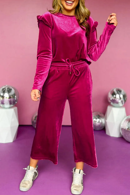 Frill Round Neck Long Sleeve Top and Pants Set-Nordavory
