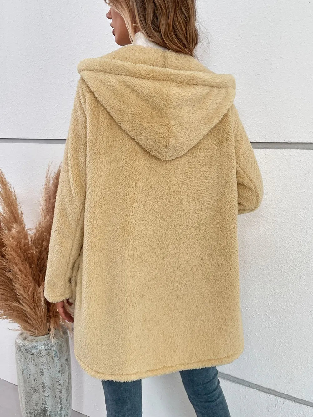 Fuzzy Button Up Hooded Jacket-Nordavory