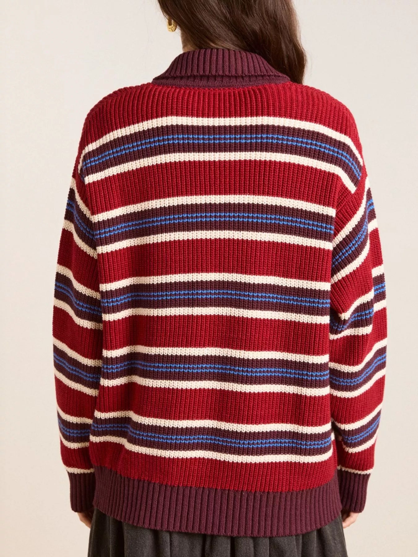 Striped Button Detail Polo Collar Sweater-Nordavory
