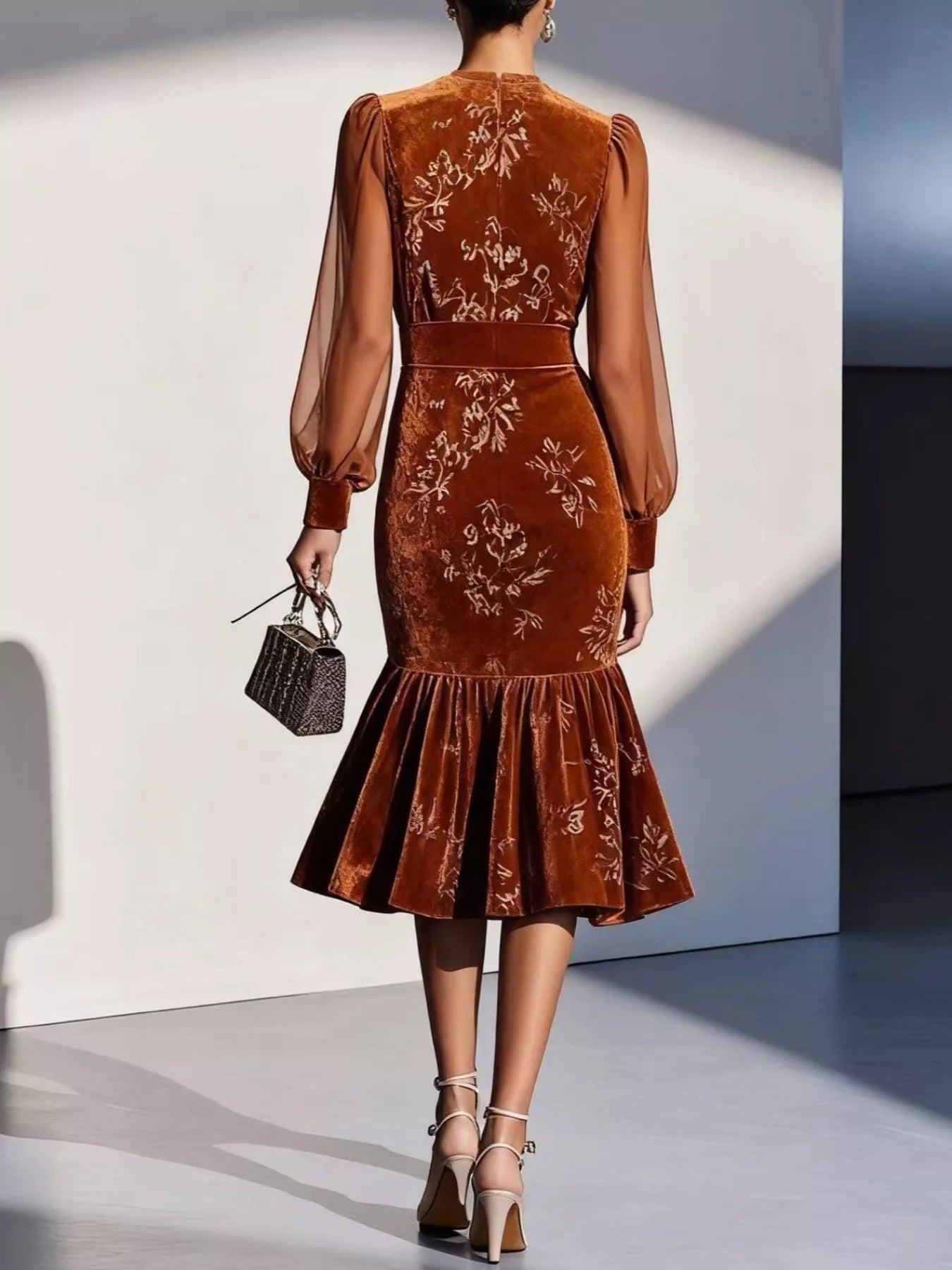 Velvet Floral Lantern Sleeve Midi Dress-Nordavory