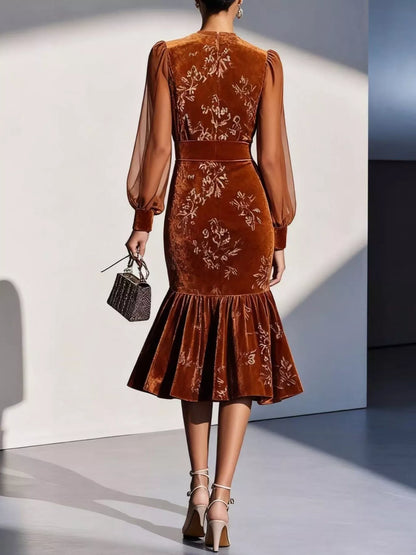 Velvet Floral Lantern Sleeve Midi Dress-Nordavory