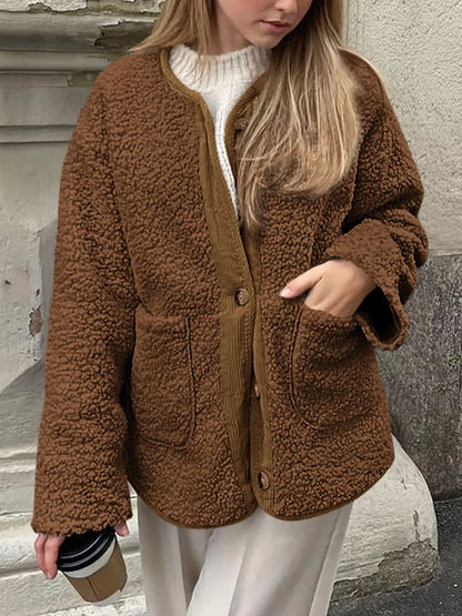 Contrast Button Up Sherpa Jacket with Pockets-Nordavory