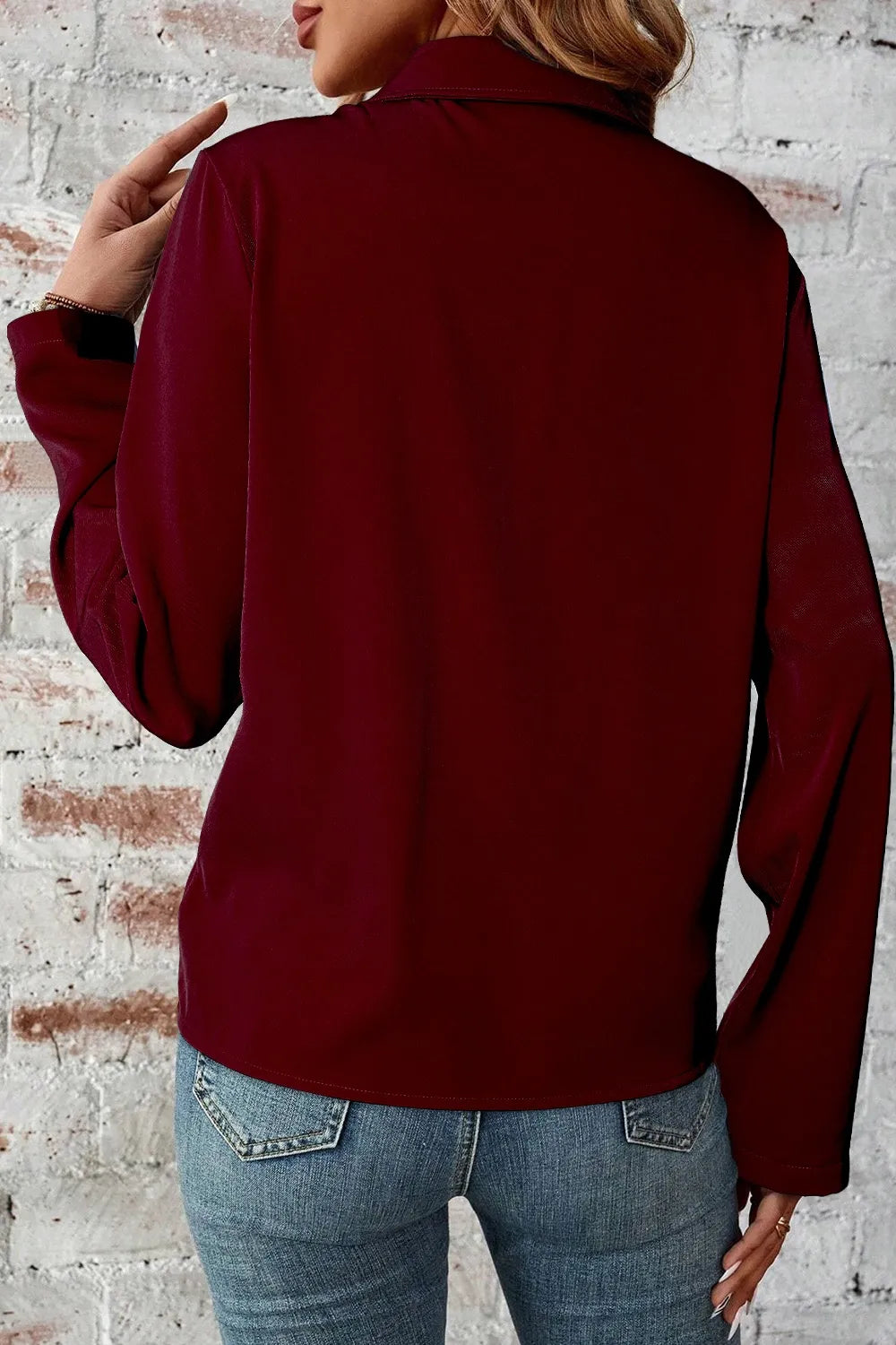 Pocketed Zip Up Collared Neck Long Sleeve Jacket-Nordavory