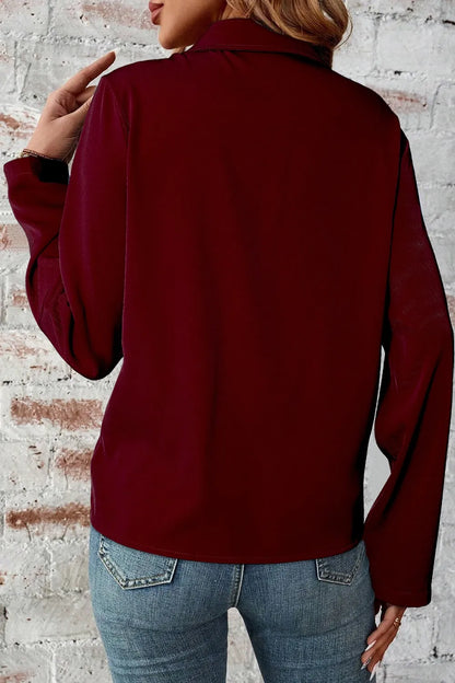 Pocketed Zip Up Collared Neck Long Sleeve Jacket-Nordavory