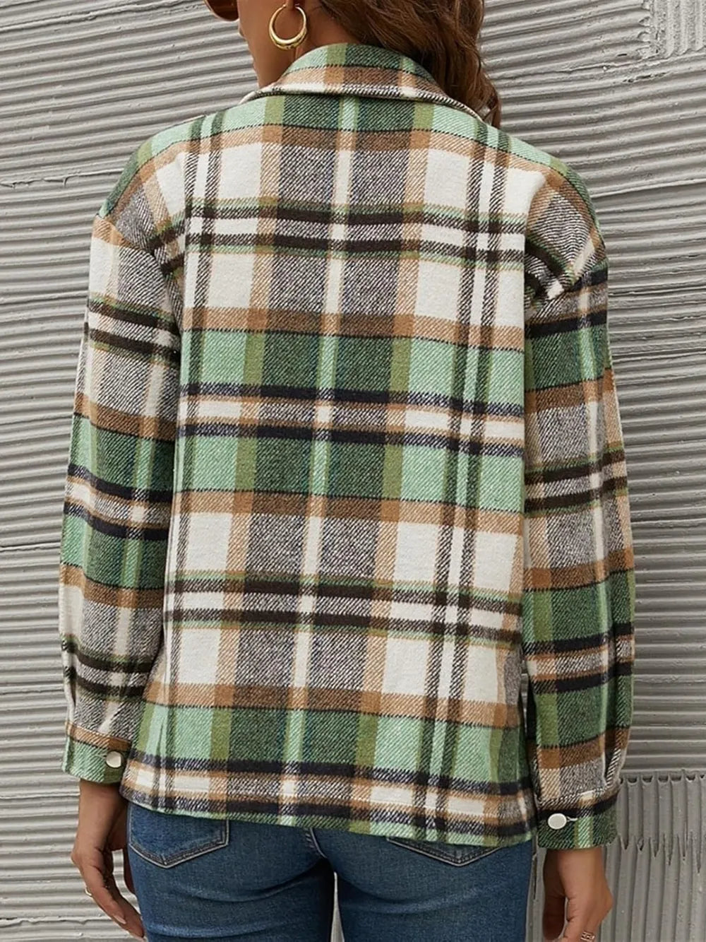 Plaid Collared Neck Long Sleeve Jacket-Nordavory