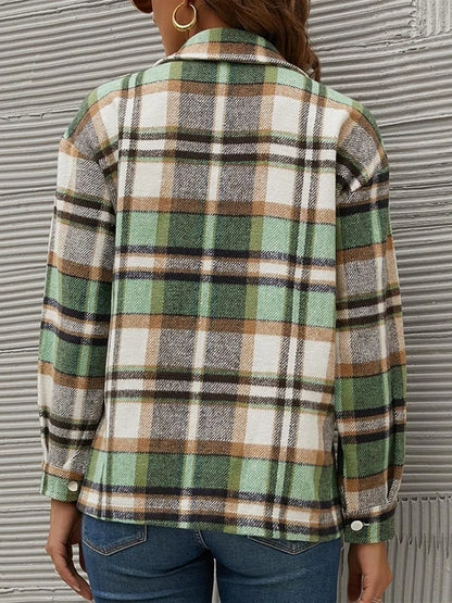 Plaid Collared Neck Long Sleeve Jacket-Nordavory