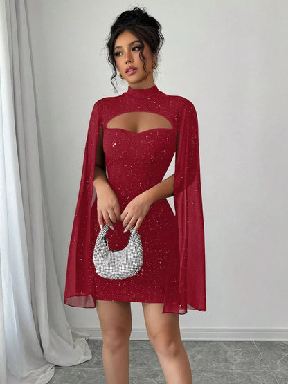 Cutout Bodycon Mini Dress with Cape Sleeves-Nordavory