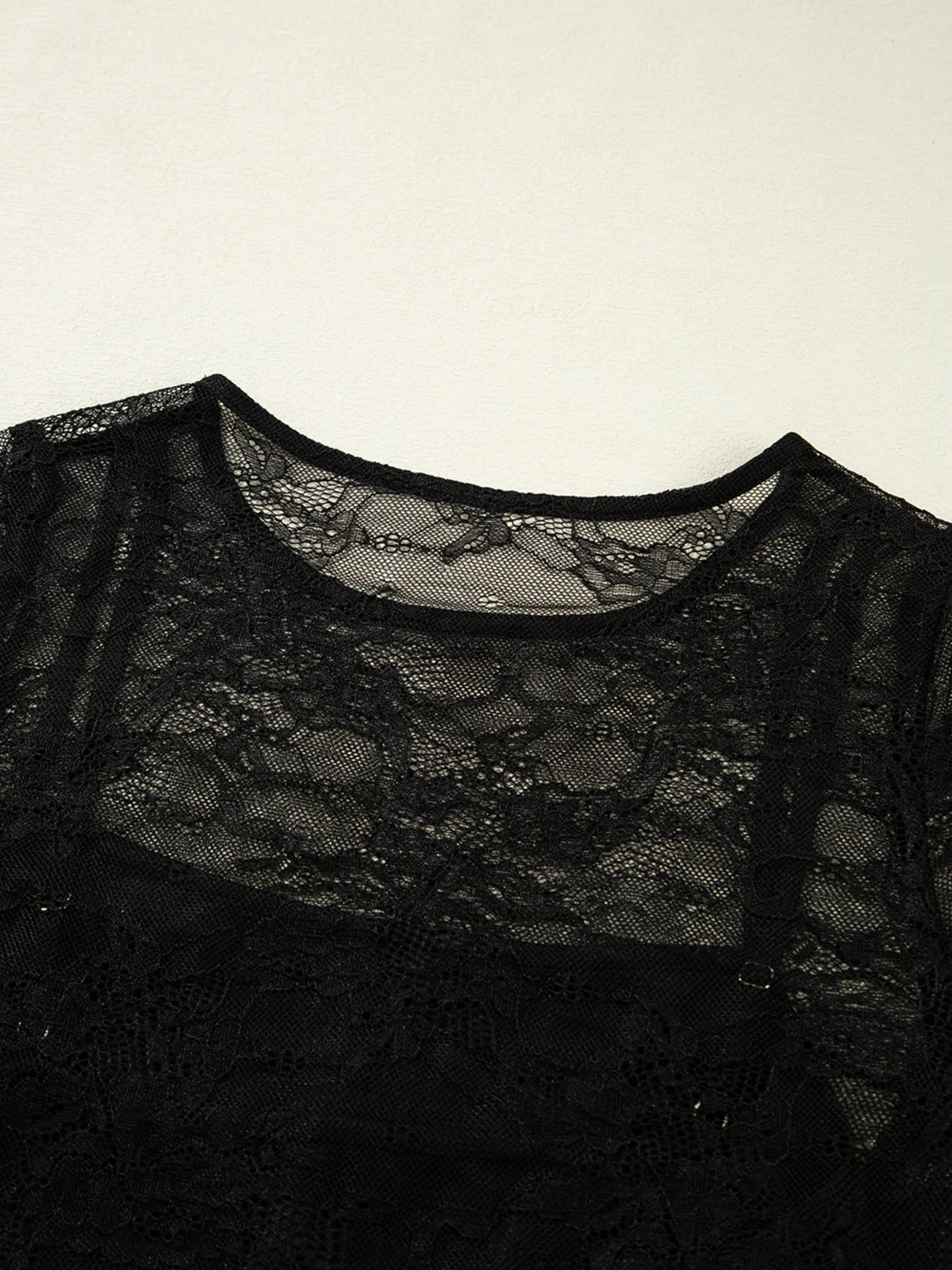 Lace Crochet Mesh Patched Slim Fit Long Sleeve Top-Nordavory