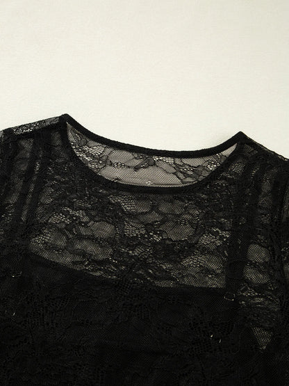 Lace Crochet Mesh Patched Slim Fit Long Sleeve Top-Nordavory