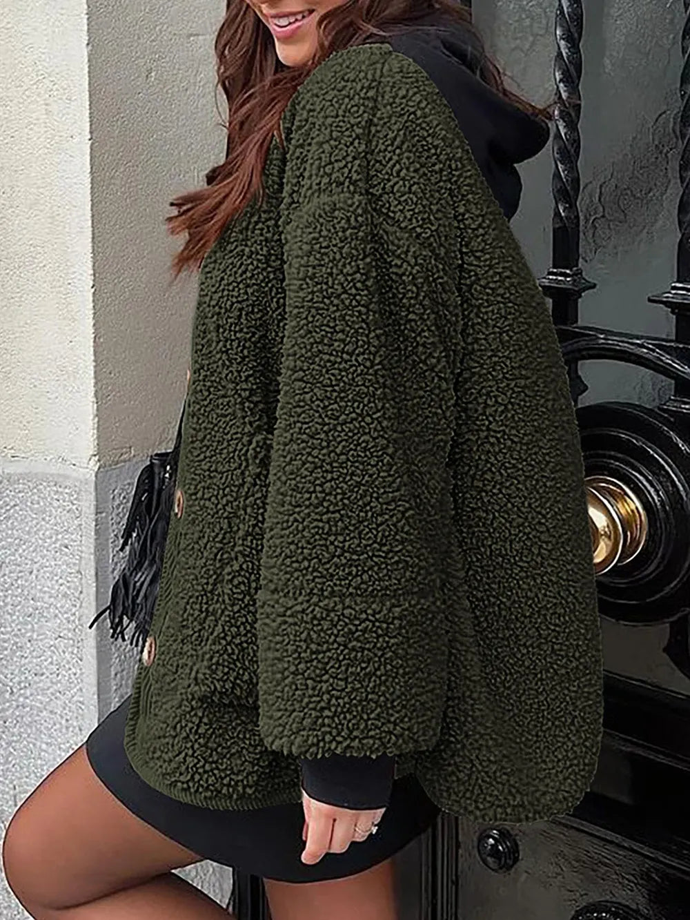 Contrast Button Up Sherpa Jacket with Pockets-Nordavory