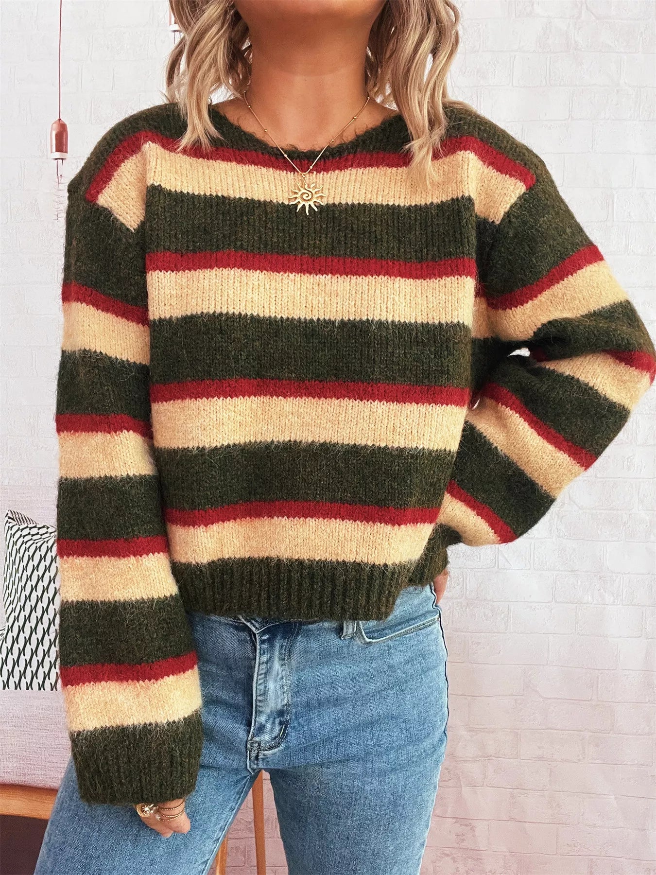 Striped Round Neck Long Sleeve Sweater-Nordavory
