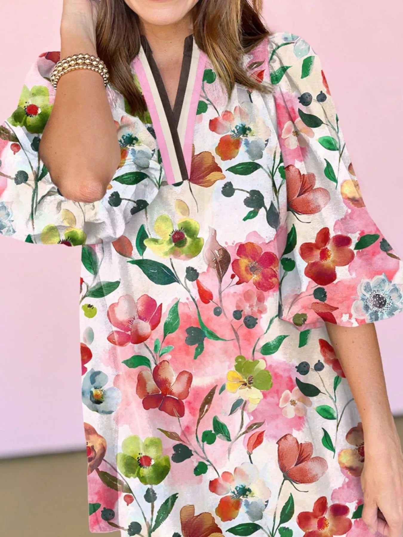 Floral Print Notched Tunic Dress-Nordavory