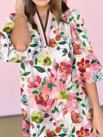 Floral Print Notched Tunic Dress-Nordavory