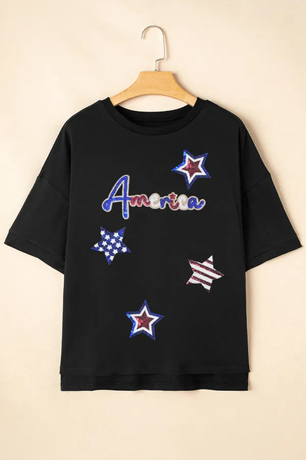 Sequined America Star Round Neck T Shirt-Nordavory