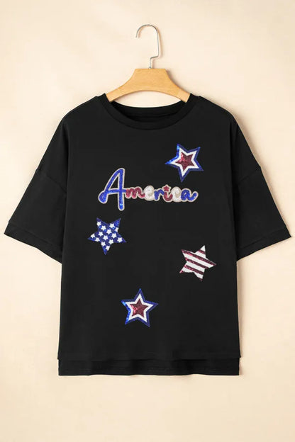Sequined America Star Round Neck T Shirt-Nordavory