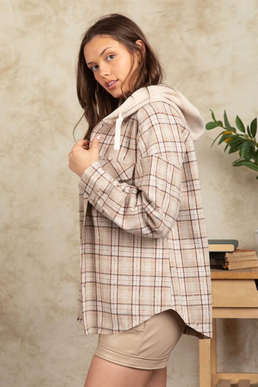 Drawstring Plaid Long Sleeve Hooded Jacket-Nordavory