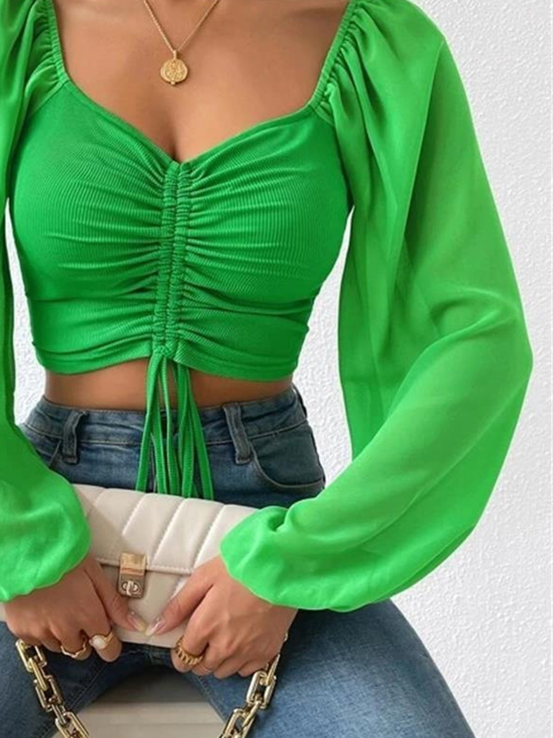 Drawstring Sweetheart Neck Cropped Top-Nordavory