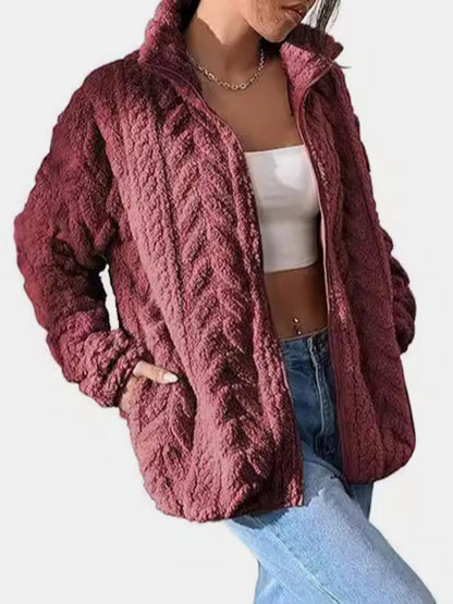 Fuzzy Zip Up Long Sleeve Jacket-Nordavory