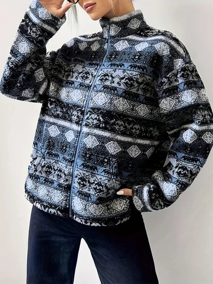 Geometric Turtleneck Zip Up Jacket-Nordavory