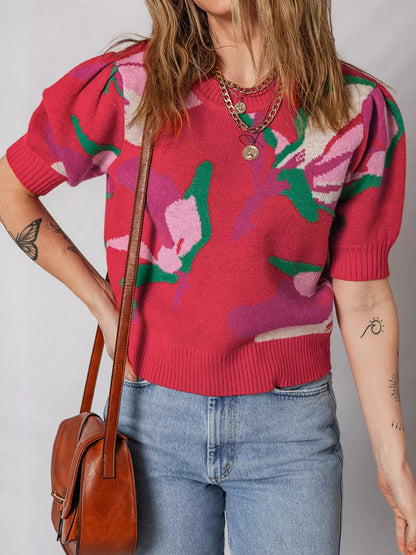 Floral Abstract Print Short Puff Sleeve Sweater-Nordavory