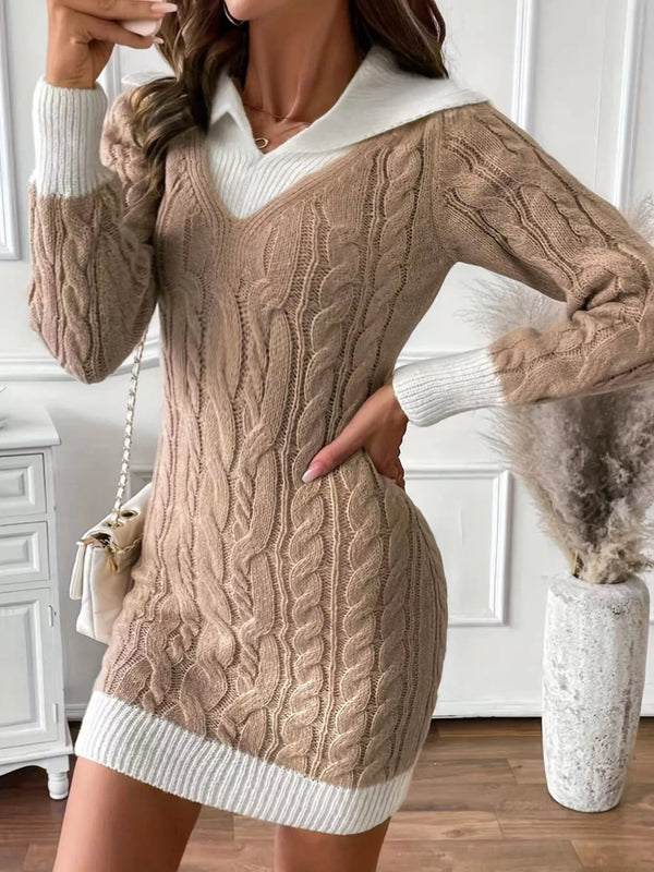 Cable Knit Contrast Trim Sweater Dress-Nordavory