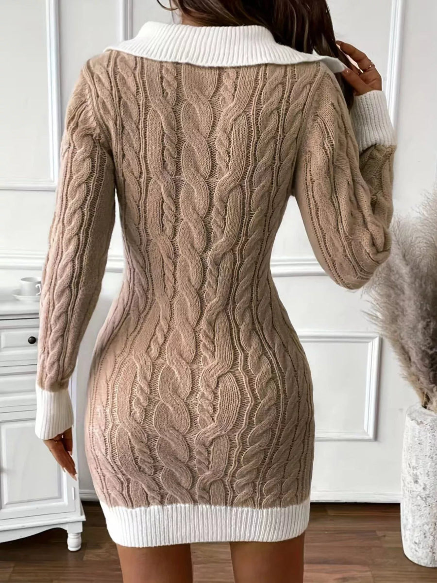 Cable Knit Contrast Trim Sweater Dress-Nordavory