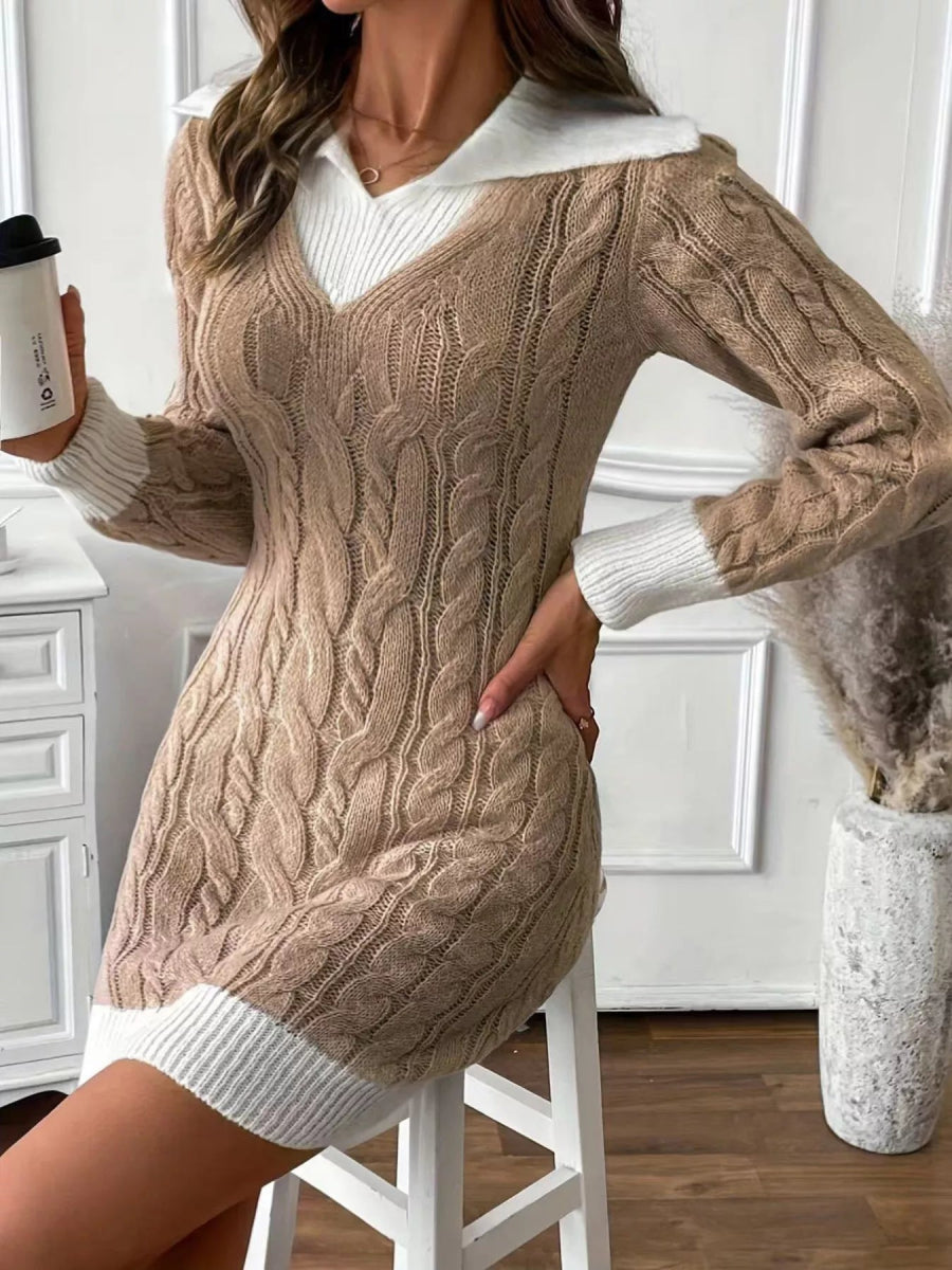 Cable Knit Contrast Trim Sweater Dress-Nordavory