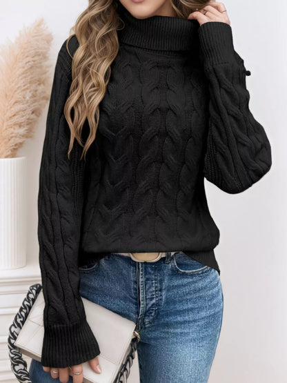 Cable Knit Turtleneck Long Sleeve Sweater-Nordavory