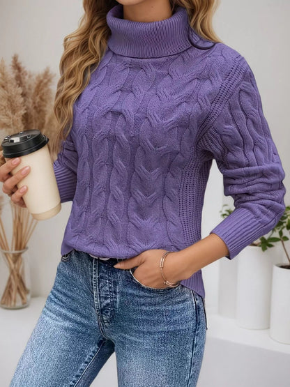 Cable Knit Turtleneck Long Sleeve Sweater-Nordavory