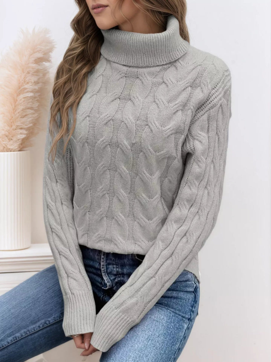Cable Knit Turtleneck Long Sleeve Sweater-Nordavory