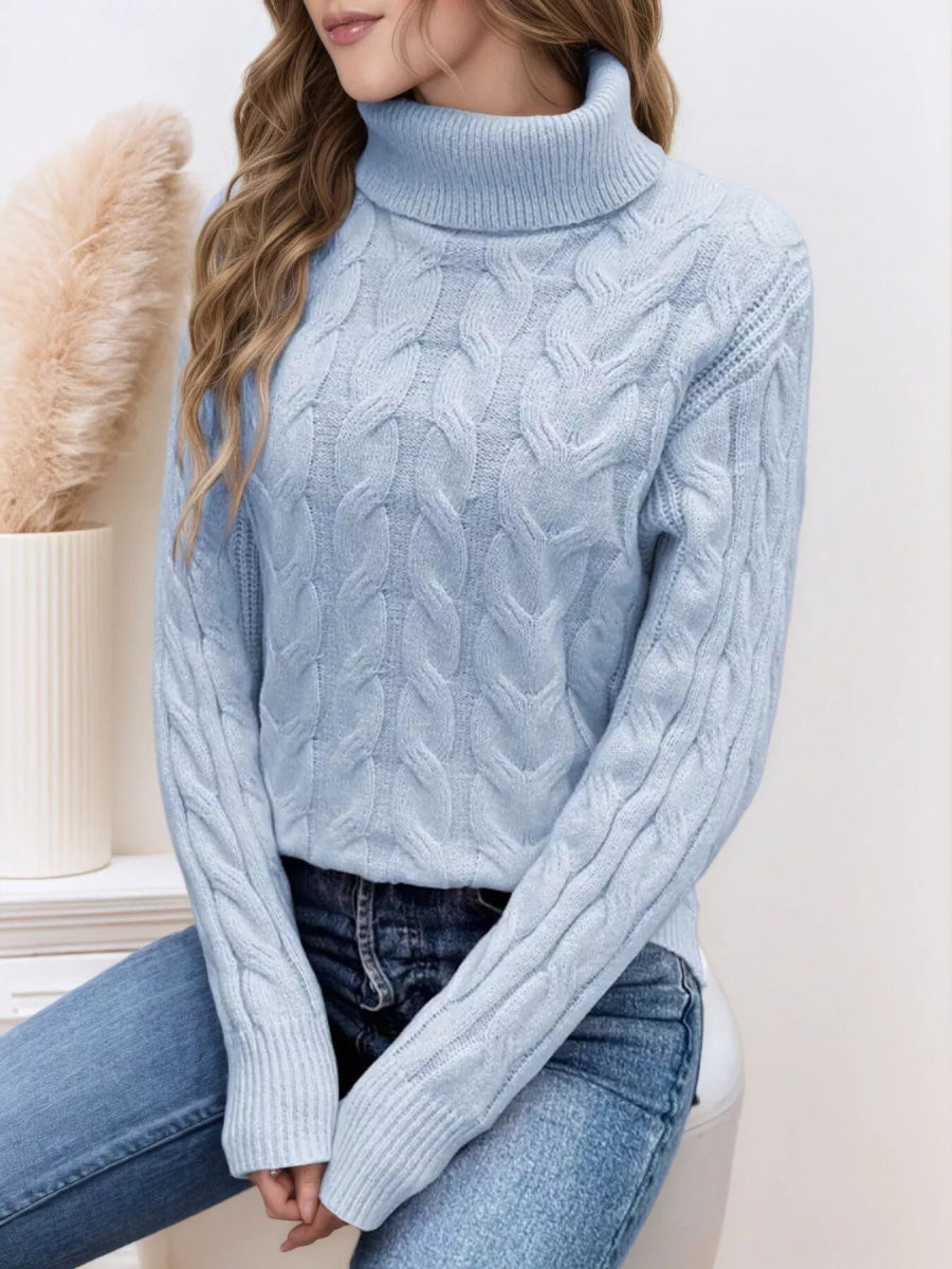 Cable Knit Turtleneck Long Sleeve Sweater-Nordavory