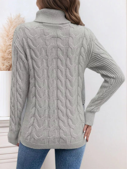 Cable Knit Turtleneck Long Sleeve Sweater-Nordavory