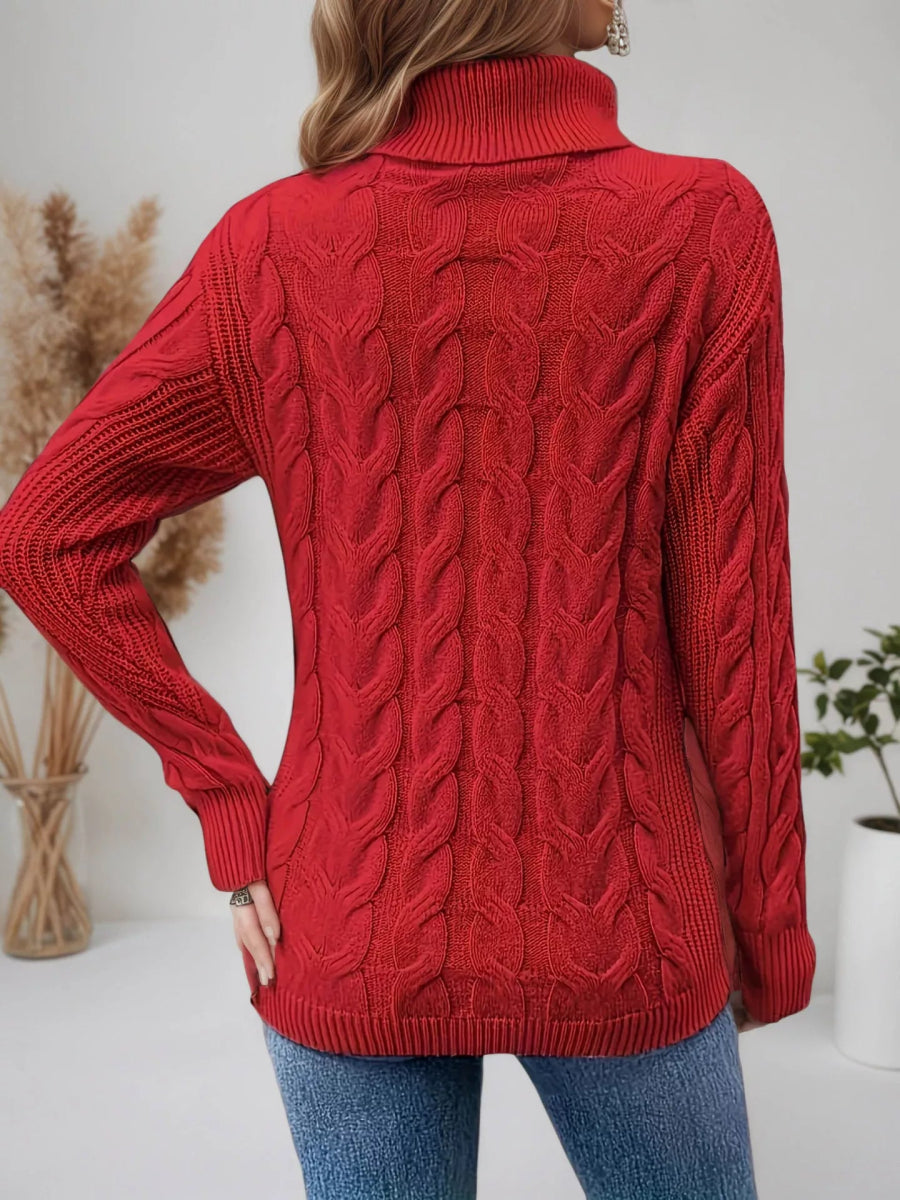 Cable Knit Turtleneck Long Sleeve Sweater-Nordavory