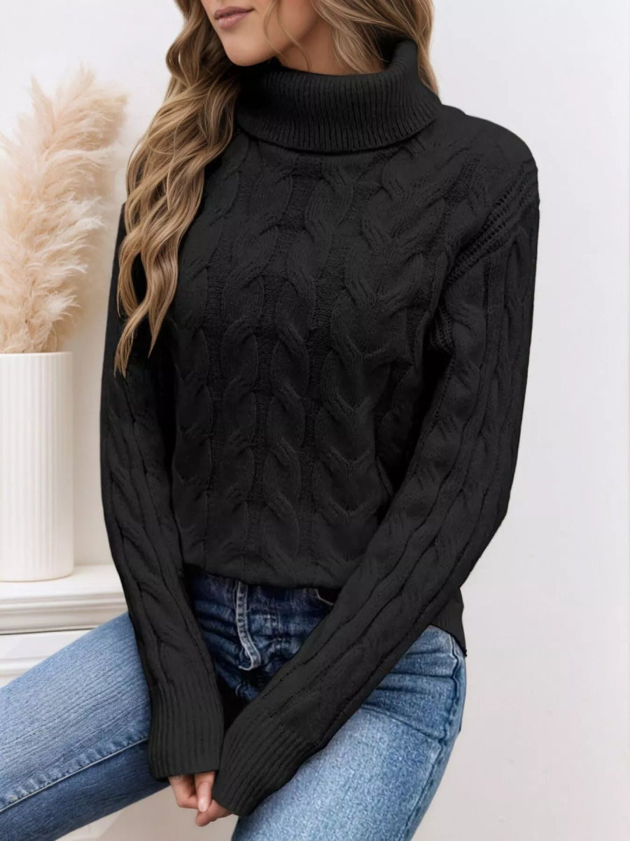 Cable Knit Turtleneck Long Sleeve Sweater-Nordavory