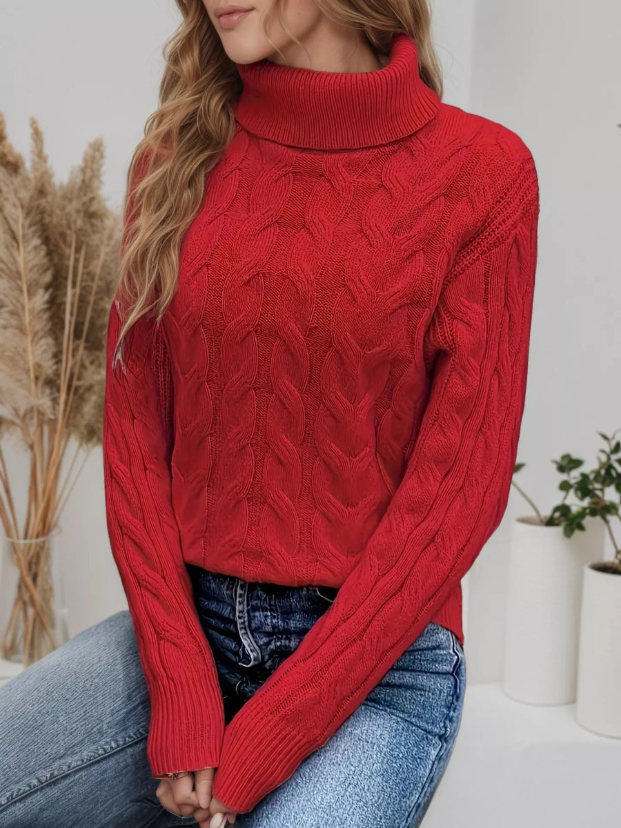 Cable Knit Turtleneck Long Sleeve Sweater-Nordavory