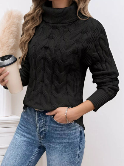 Cable Knit Turtleneck Long Sleeve Sweater-Nordavory