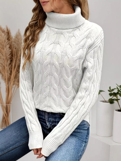 Cable Knit Turtleneck Long Sleeve Sweater-Nordavory